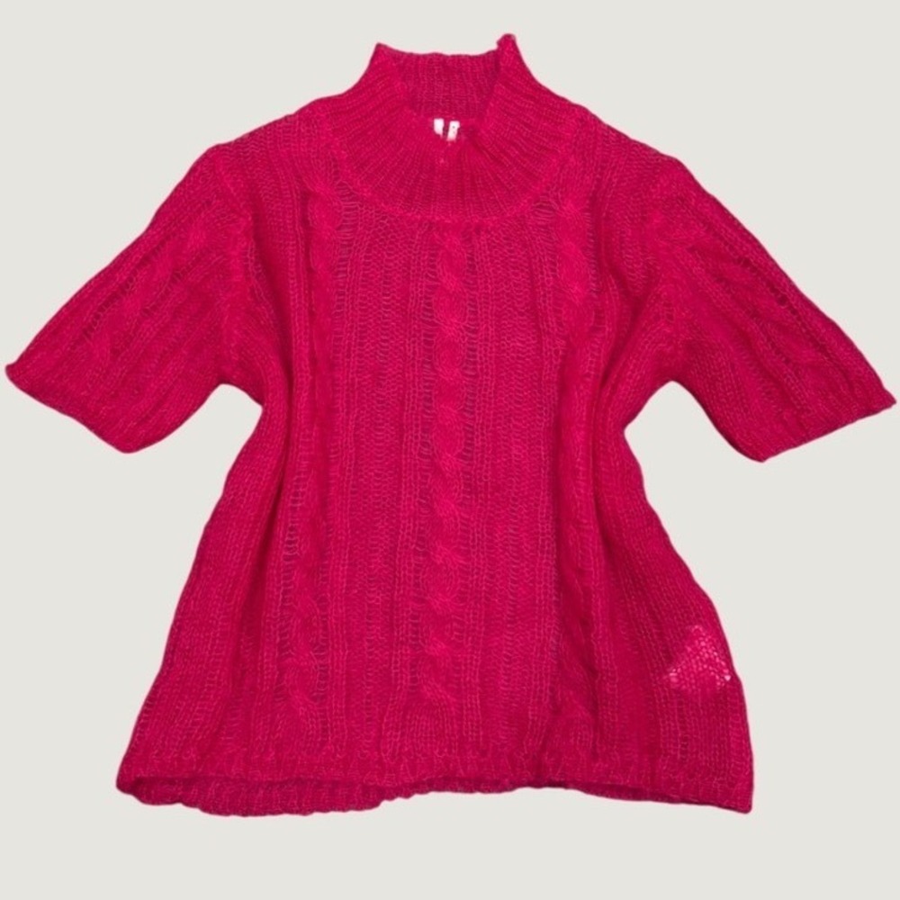 Anthropologie Hot Pink Mohair Wool Blend Open Cable Knit Mock Neck Sweater M